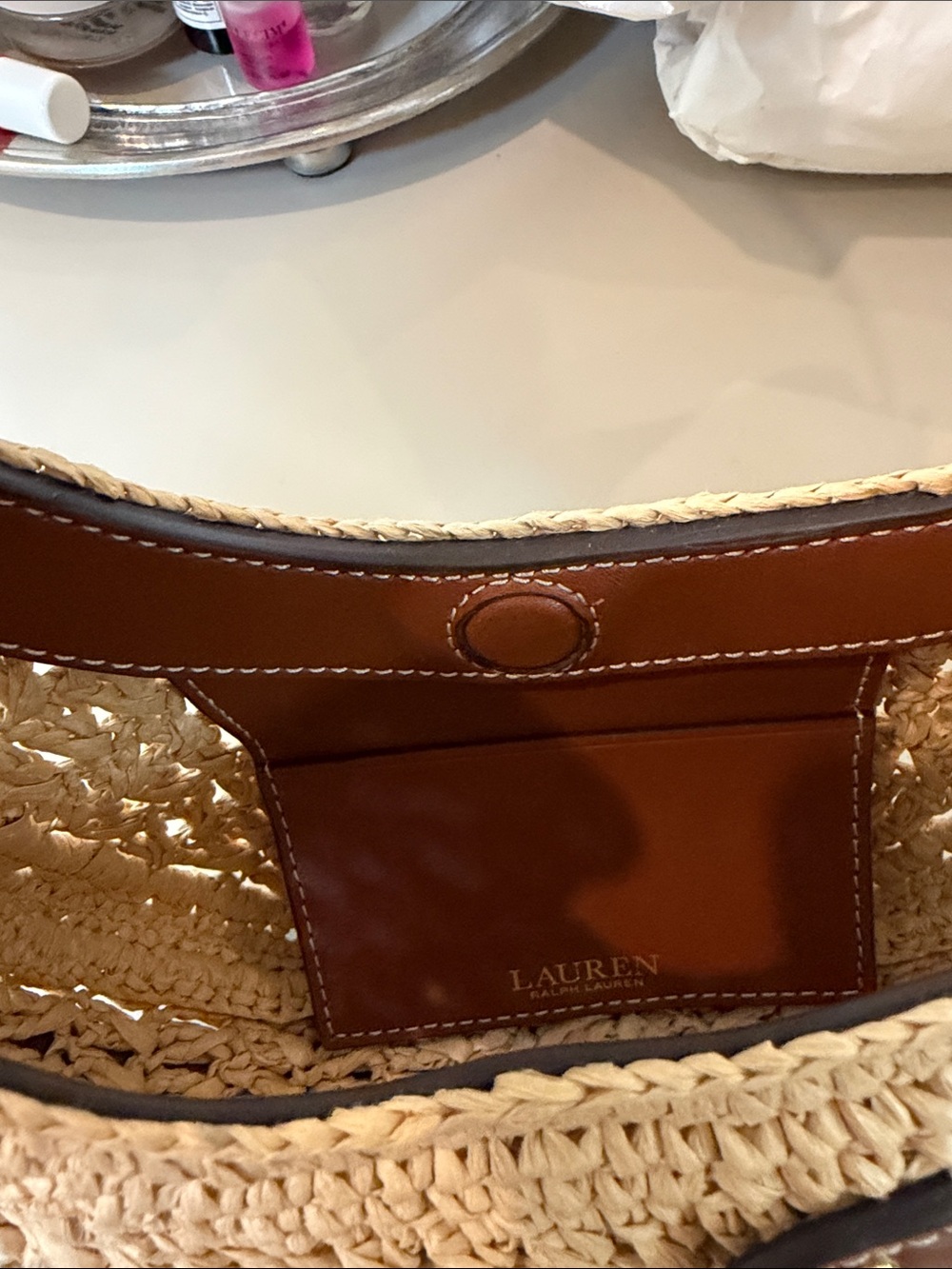 Lauren Ralph Lauren mini woven Straw Bag with Brown Leather Trim - Picture 8 of 10
